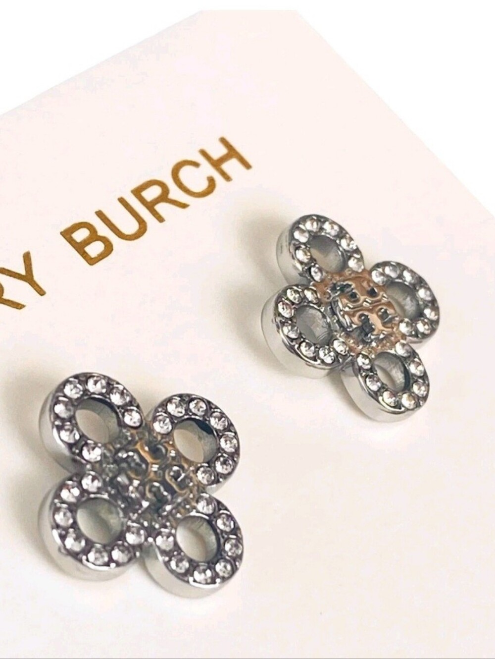 Tory Burch Silver Crystal Logo Flower Stud Earrings